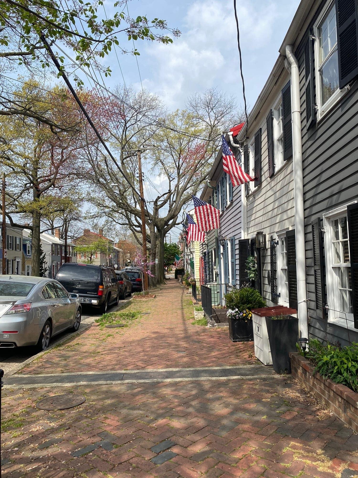 A colonial-era Old Town Alexandria street lined with American flags